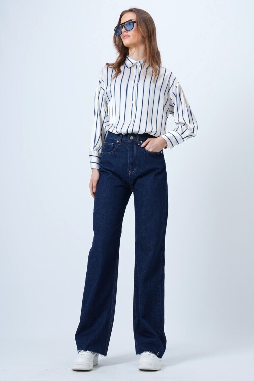 Yüksek Bel Geniş Püskül Paça 5 Cepli Denim Pantolon
