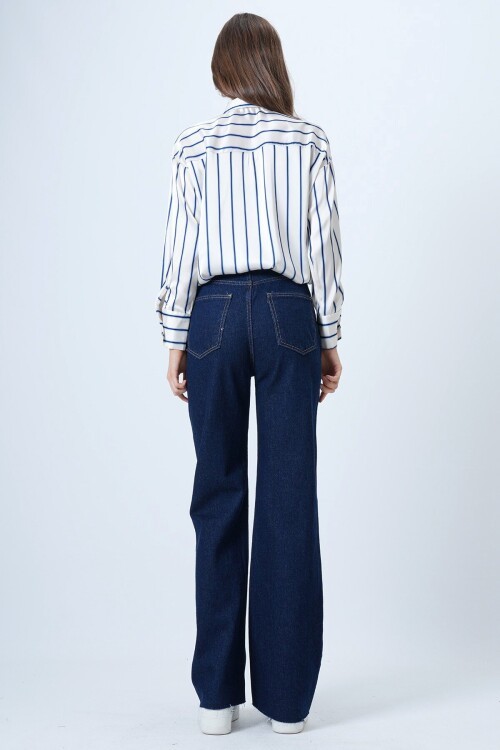 Yüksek Bel Geniş Püskül Paça 5 Cepli Denim Pantolon