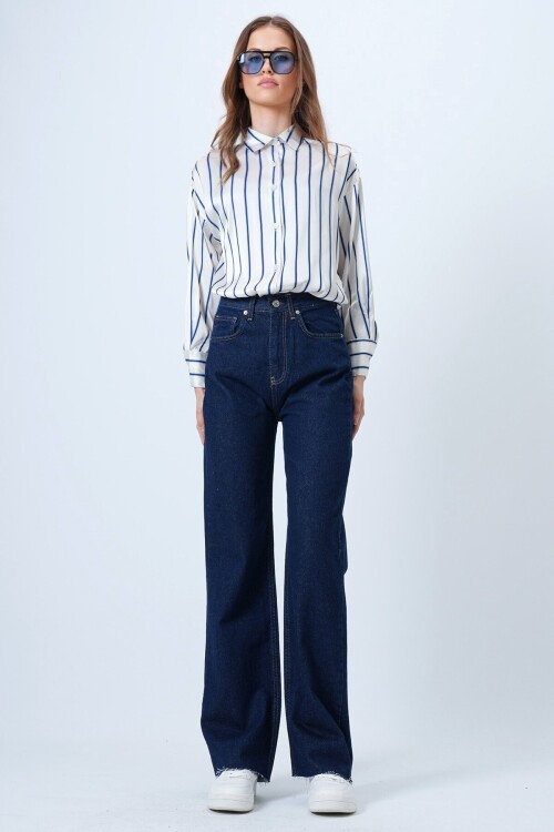 Yüksek Bel Geniş Püskül Paça 5 Cepli Denim Pantolon