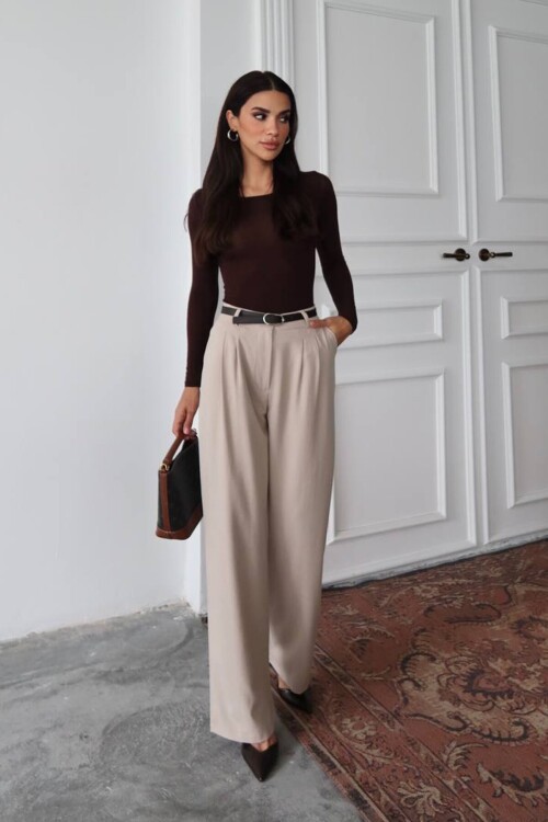 Yüksek Bel Kemerli Palazzo Pantolon