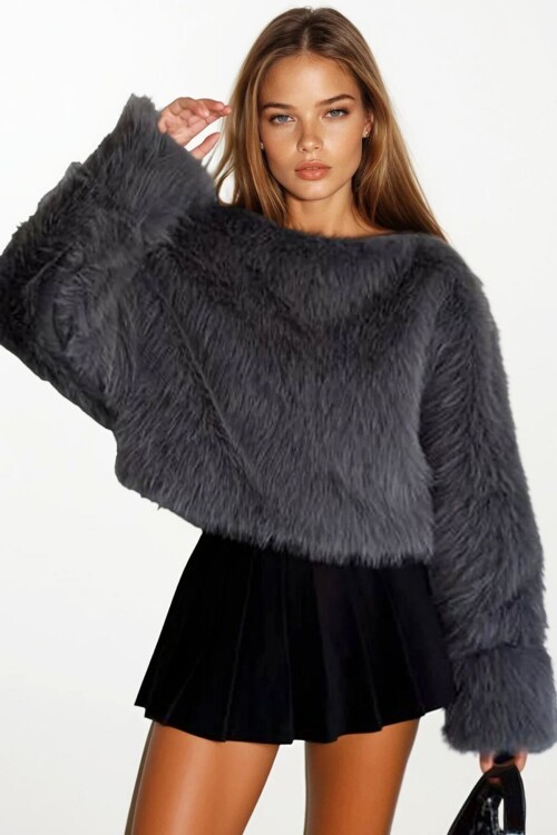 Yumuşak Dokulu Uzun Kollu Oversize Kürk Sweatshirt