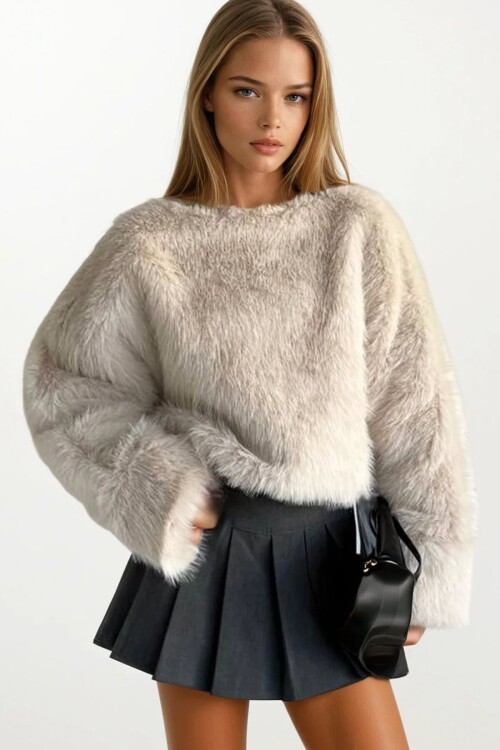 Yumuşak Dokulu Uzun Kollu Oversize Kürk Sweatshirt