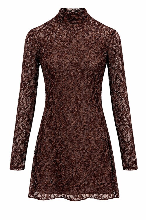 Acı Kahve Dantelli Mini Elbise