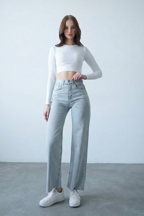 Açık Mavi 5 Cepli Paçası Püsküllü Bol Paça Jean