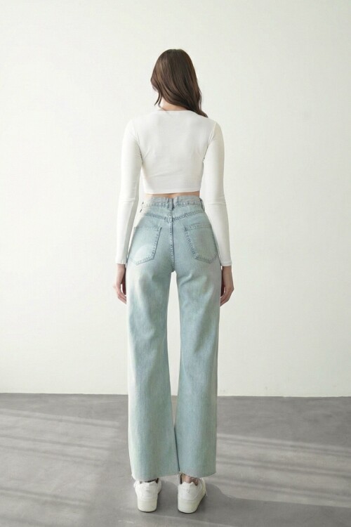 Açık Mavi 5 Cepli Paçası Püsküllü Bol Paça Jean