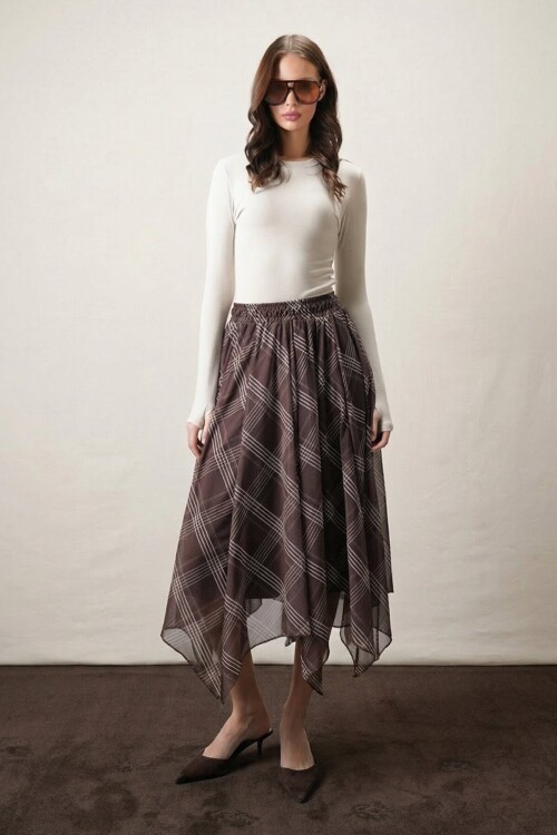 Kahverengi Asimetrik Ekoseli Etek