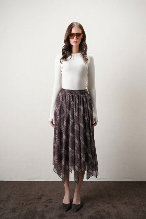 Kahverengi Asimetrik Ekoseli Etek