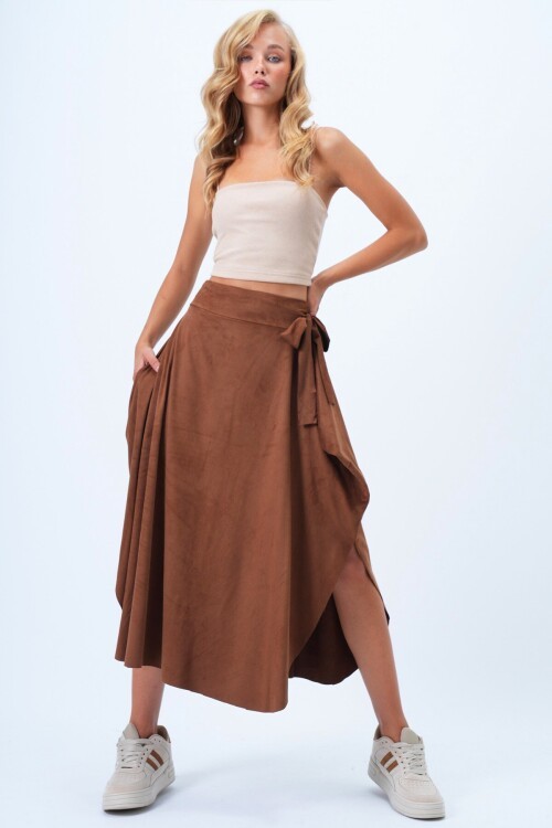 Asimetrik Kesim Beli Bağlamalı Suni Süet Etek