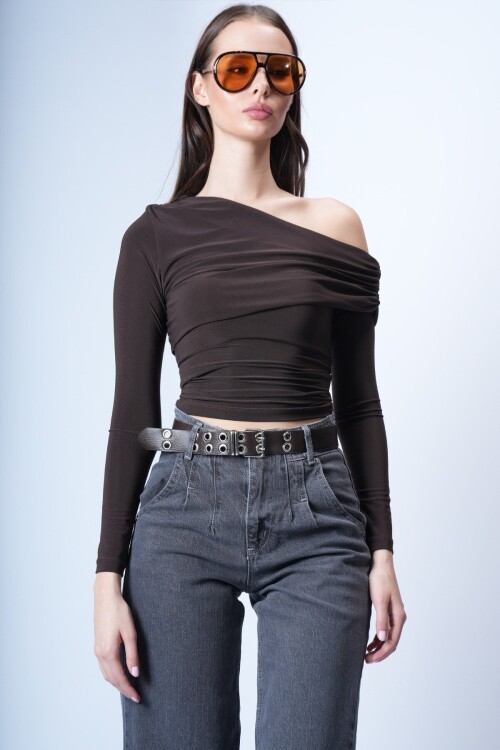 Acı Kahve Asimetrik Likralı Bluz