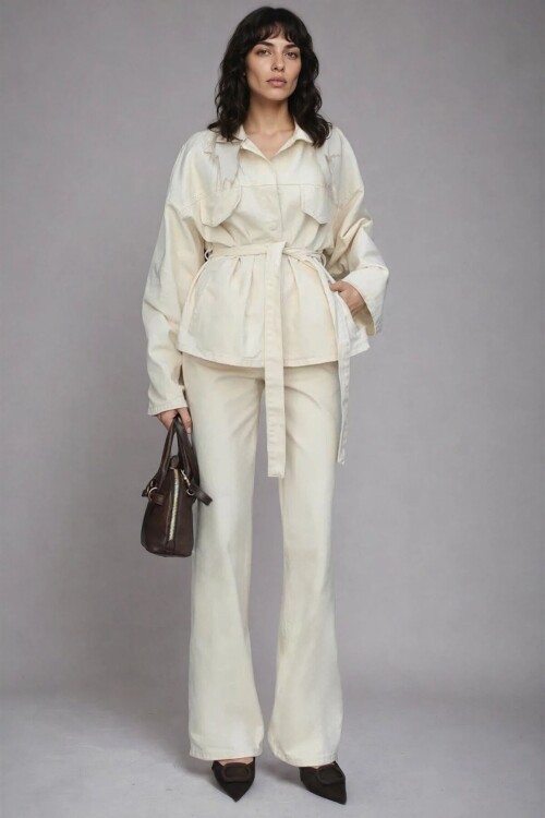 Bağlamalı Gömlek ve 5 Cepli Palazzo Pantolon Denim Takım