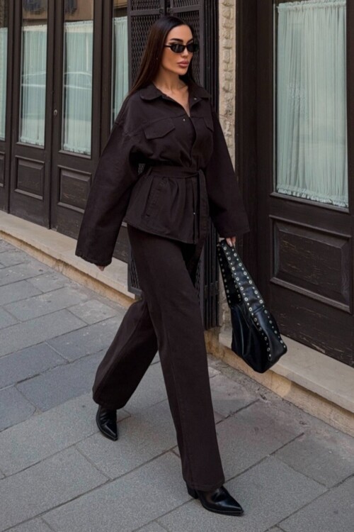 Bağlamalı Gömlke ve 5 Cepli Palazzo Pantolon Denim Takım