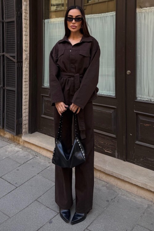 Bağlamalı Gömlke ve 5 Cepli Palazzo Pantolon Denim Takım