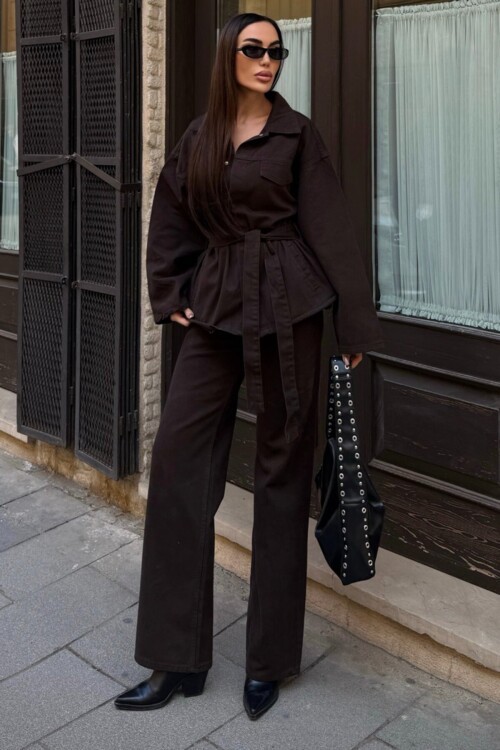 Bağlamalı Gömlke ve 5 Cepli Palazzo Pantolon Denim Takım