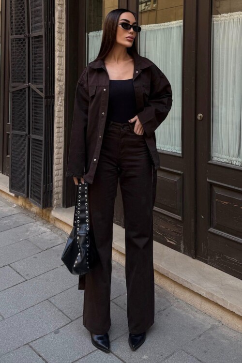 Bağlamalı Gömlke ve 5 Cepli Palazzo Pantolon Denim Takım