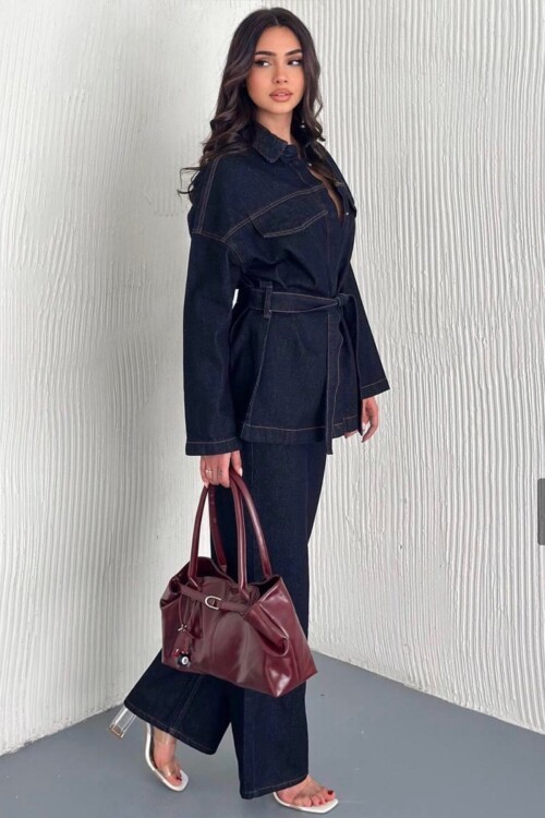 Bağlamalı Gömlek ve 5 Cepli Palazzo Pantolon Denim Takım