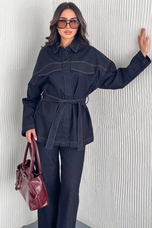 Bağlamalı Gömlek ve 5 Cepli Palazzo Pantolon Denim Takım