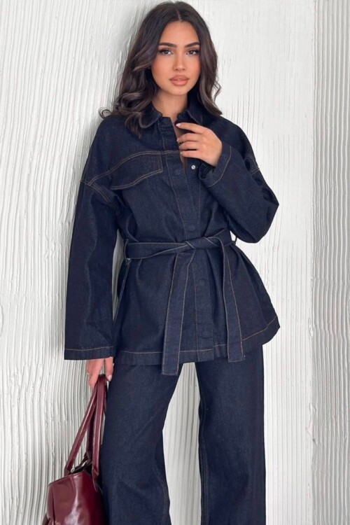Bağlamalı Gömlek ve 5 Cepli Palazzo Pantolon Denim Takım