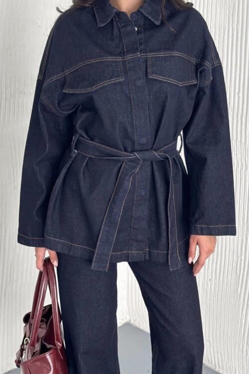 Bağlamalı Gömlek ve 5 Cepli Palazzo Pantolon Denim Takım