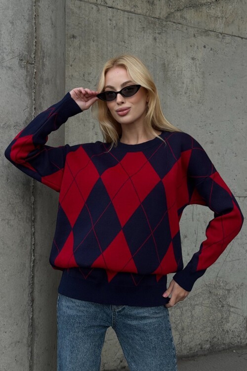 Baklava Desenli Bisiklet Yaka Triko Kazak