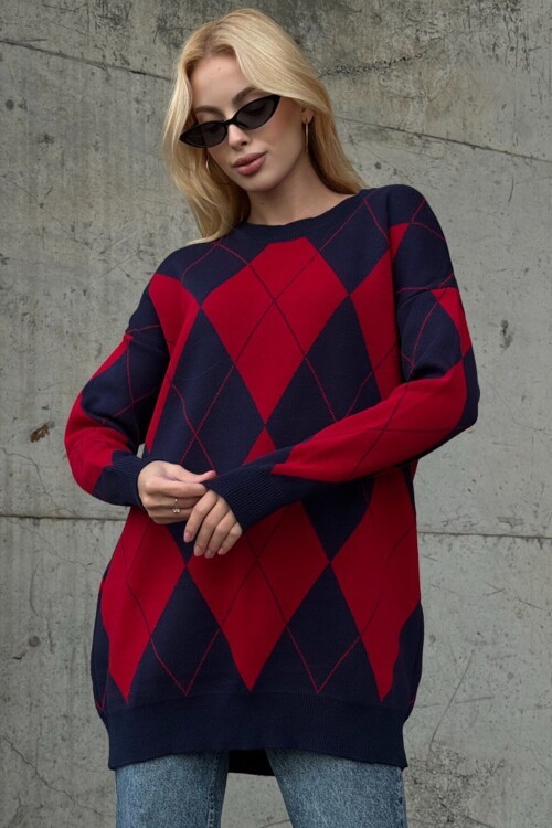 Baklava Desenli Bisiklet Yaka Triko Kazak