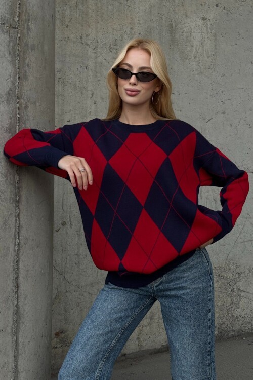 Baklava Desenli Bisiklet Yaka Triko Kazak