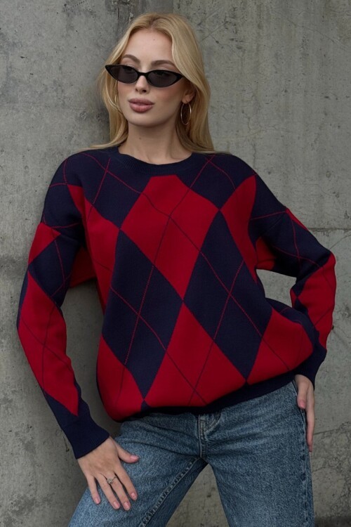 Baklava Desenli Bisiklet Yaka Triko Kazak