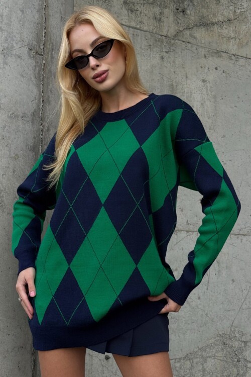 Baklava Desenli Bisiklet Yaka Triko Kazak