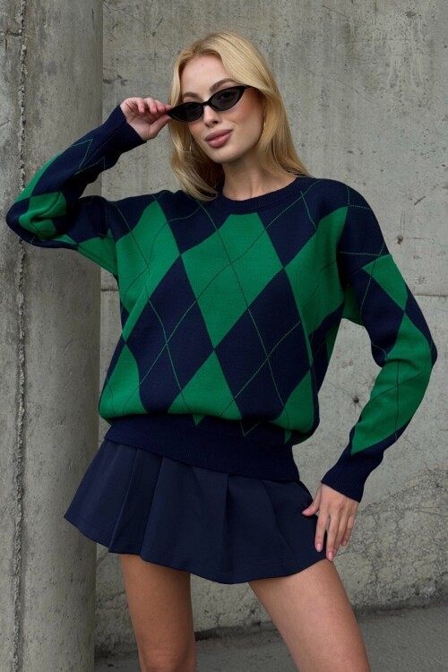 Baklava Desenli Bisiklet Yaka Triko Kazak