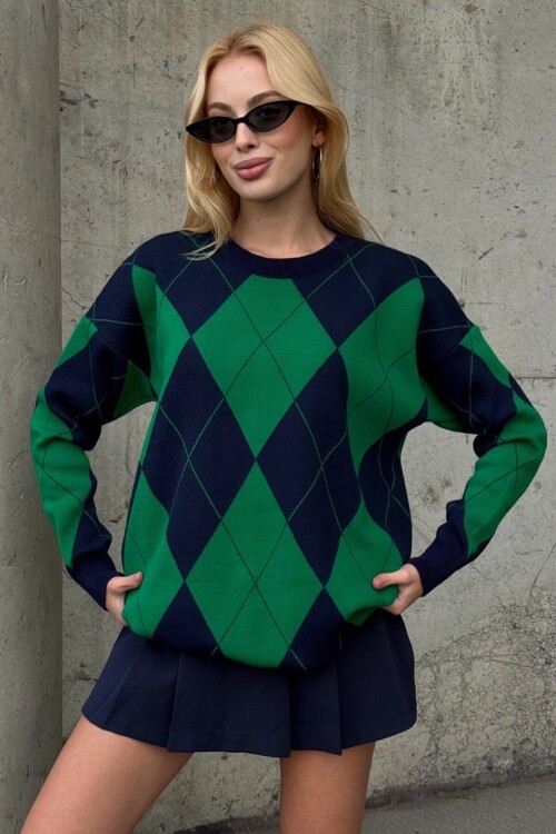 Baklava Desenli Bisiklet Yaka Triko Kazak