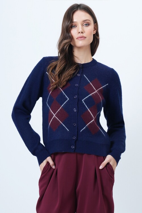 Baklava Desenli Düğmeli Triko Hırka