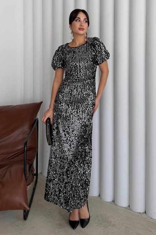 Balon Kol Taş İşlemeli Büzgülü Midi Boy Elbise