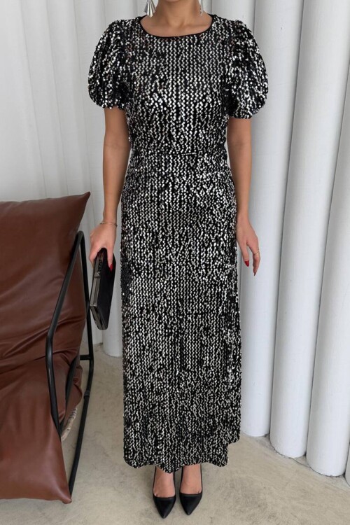 Balon Kol Taş İşlemeli Büzgülü Midi Boy Elbise