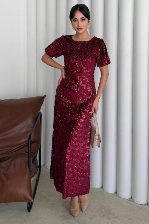 Balon Kol Taş İşlemeli Büzgülü Midi Boy Elbise