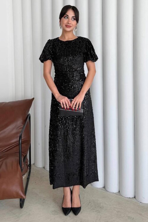 Balon Kol Taş İşlemeli Büzgülü Midi Boy Elbise