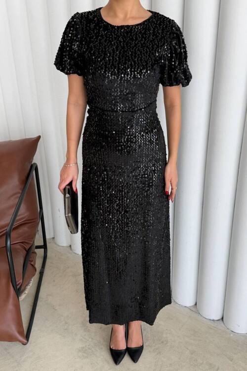 Balon Kol Taş İşlemeli Büzgülü Midi Boy Elbise