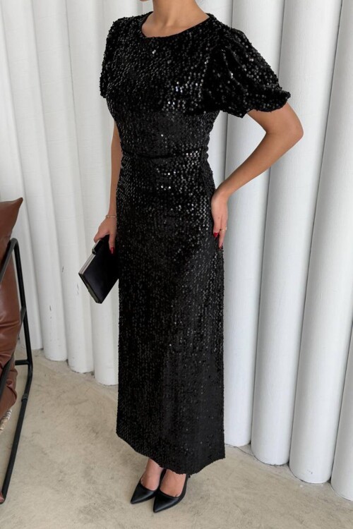 Balon Kol Taş İşlemeli Büzgülü Midi Boy Elbise