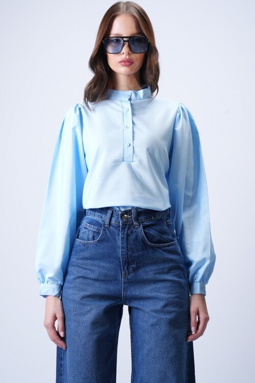 Bebe Mavi Hakim Yaka Önü Düğmeli Balon Kol Poplin Dokuma Gömlek