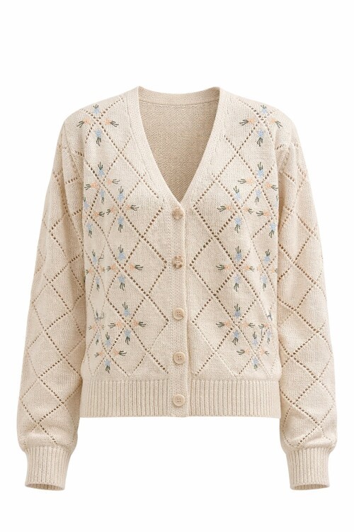 Bej Baklava Desenli Çiçek Nakışlı Triko Hırka