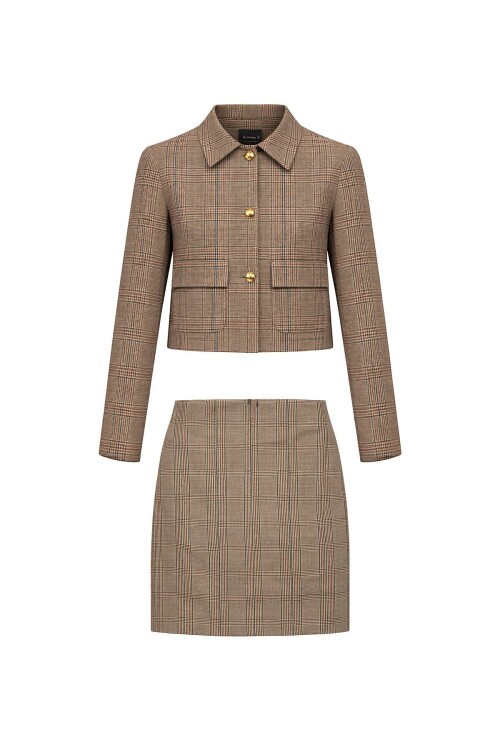 Bej Ekoseli Kısa Blazer Ceket