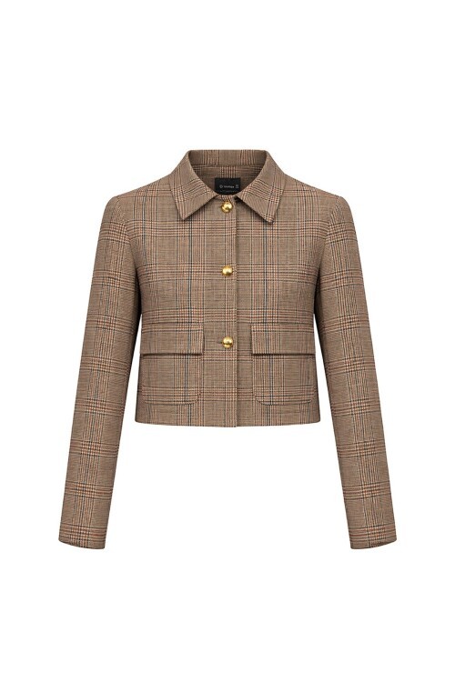 Bej Ekoseli Kısa Blazer Ceket