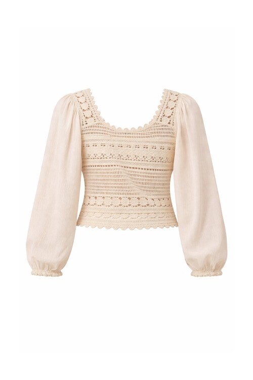 Bej Kare Yaka Önü Bağlamalı Kroşata Dokuma Crop Bluz