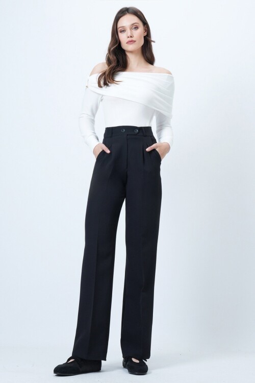 Beli Lastikli Düğme Kapamalı Çift Cepli Pantolon