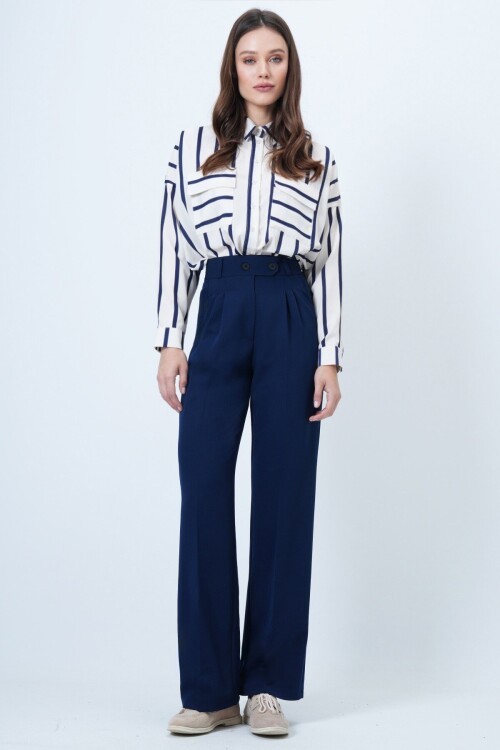 Beli Lastikli Düğme Kapamalı Çift Cepli Pantolon