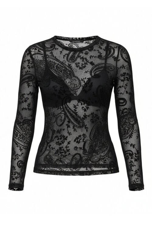 Bisiklet Flok Baskılı Tül Detaylı Bluz