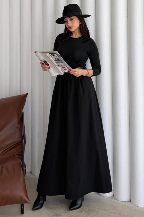 Bisiklet Yaka Pileli Kemerli Maxi Boy Elbise