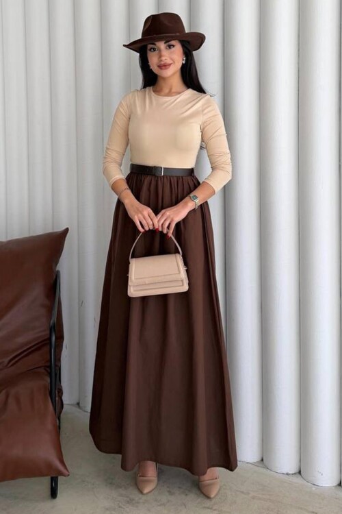 Bisiklet Yaka Pileli Kemerli Maxi Boy Elbise