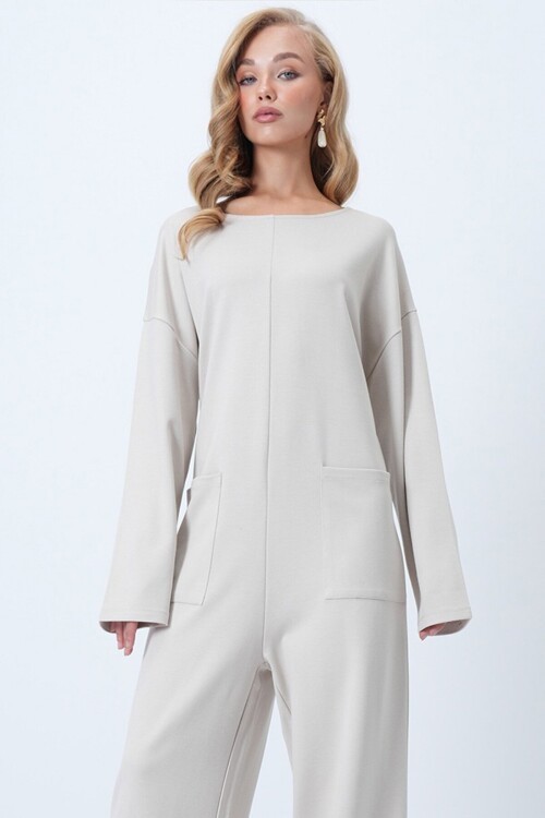 Bisiklet Yaka Sırtı Fermuarlı Rahat Kesim Tulum