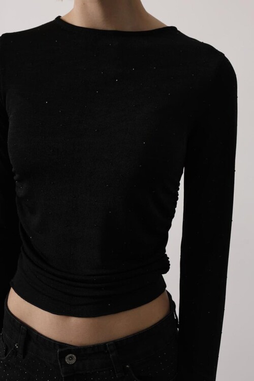 Bisiklet Yaka Taş İşlemeli Büzgülü Bluz