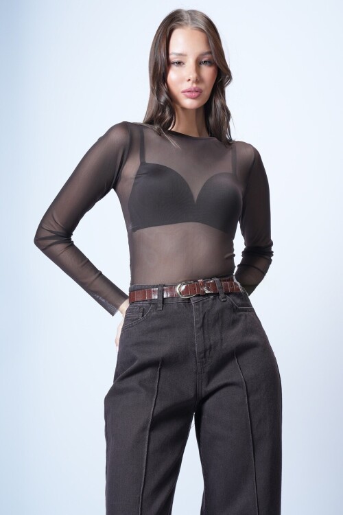 Kahverengi Bisiklet Yaka Tül Bluz