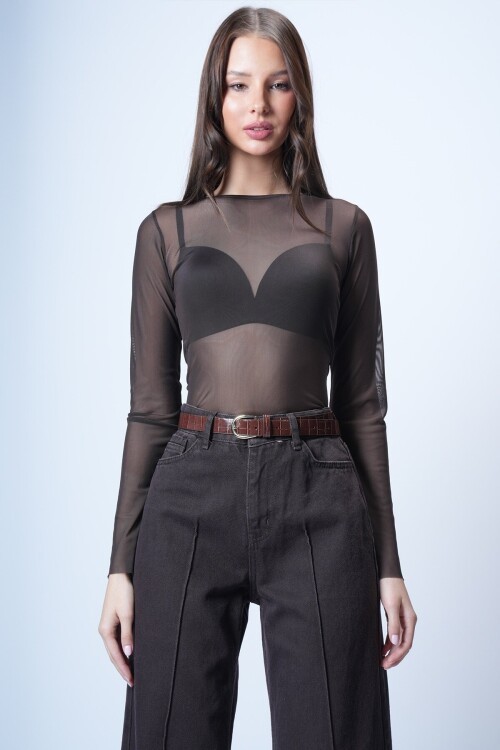 Kahverengi Bisiklet Yaka Tül Bluz